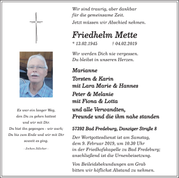 Traueranzeige von Friedhelm Mette von HSK