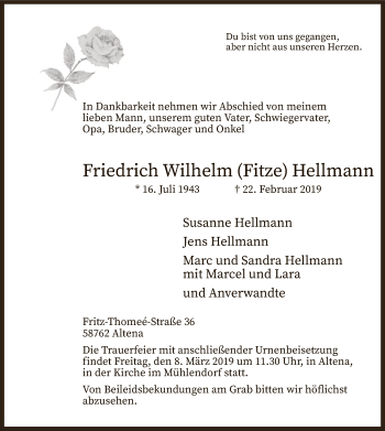 Traueranzeige von Friedrich Wilhelm Hellmann von MZV