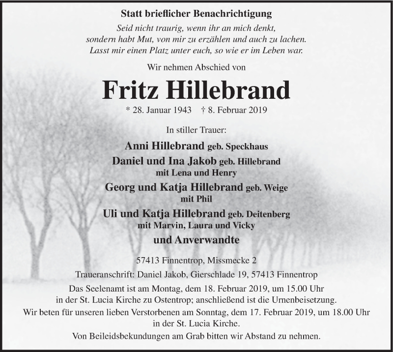  Traueranzeige für Fritz Hillebrandt vom 13.02.2019 aus HSK