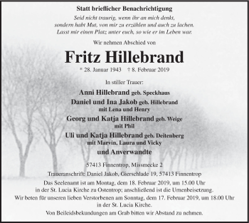 Traueranzeige von Fritz Hillebrandt von HSK