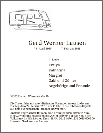Traueranzeige von Gerd Werner Lausen von MZV