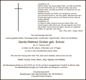 Traueranzeige von Gerda Waltraut Grüber von MZV