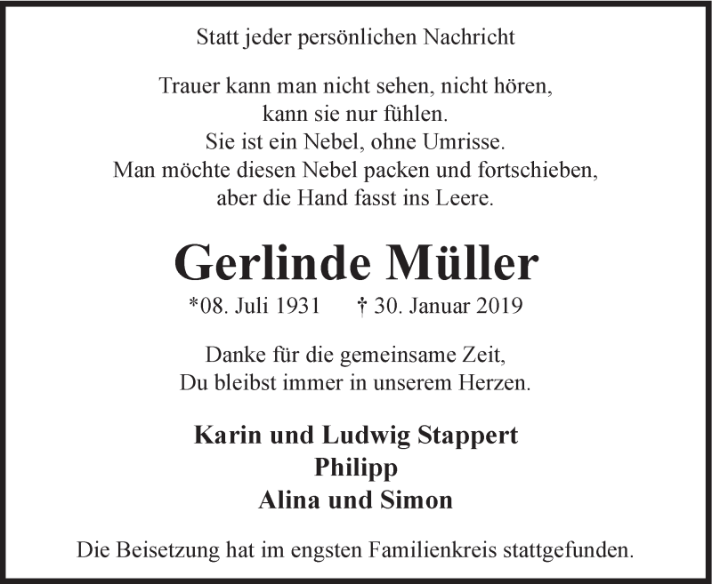  Traueranzeige für Gerlinde Müller vom 16.02.2019 aus HSK