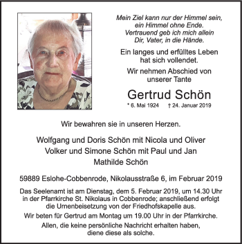 Traueranzeige von Gertrud Schön von HSK
