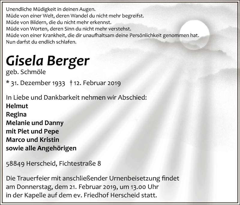  Traueranzeige für Gisela Berger vom 16.02.2019 aus MZV