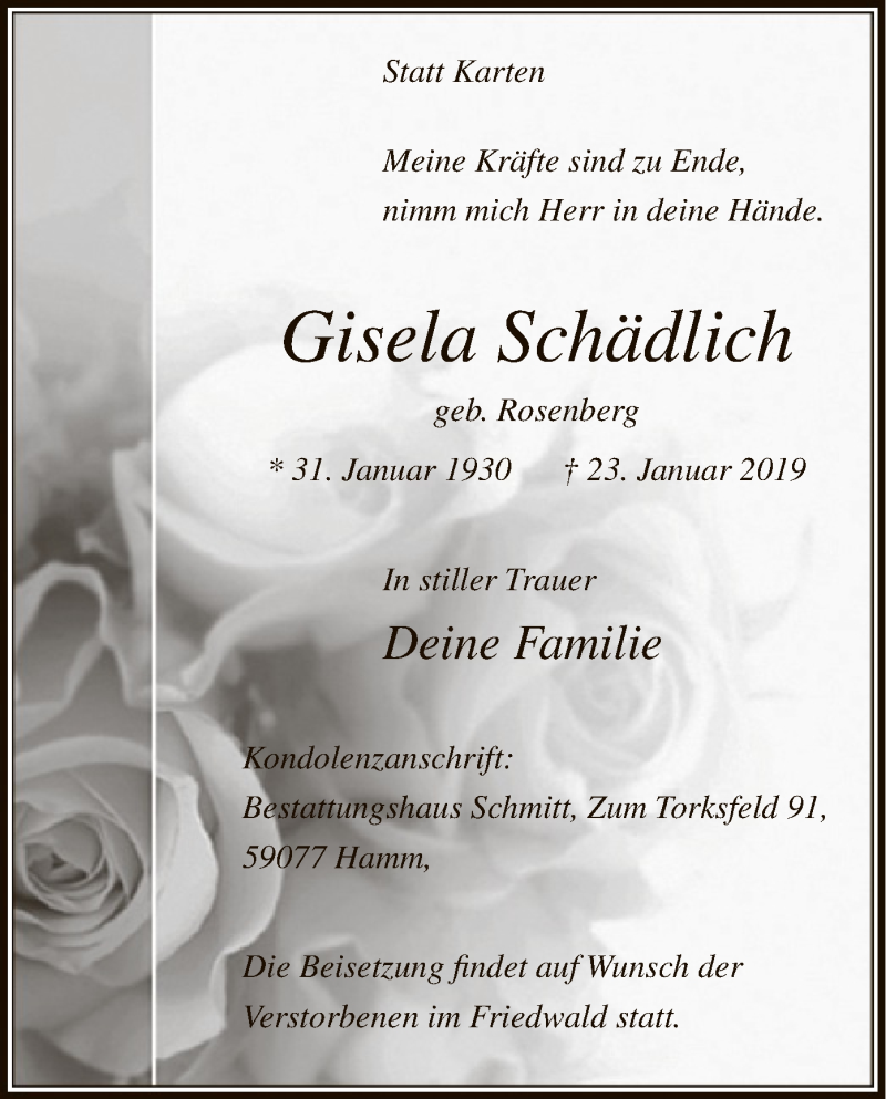  Traueranzeige für Gisela Schädlich vom 02.02.2019 aus MZV