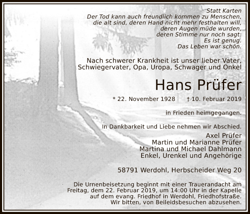  Traueranzeige für Hans Prüfer vom 14.02.2019 aus MZV