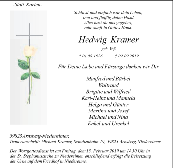 Traueranzeige von Hedwig Kramer von HSK