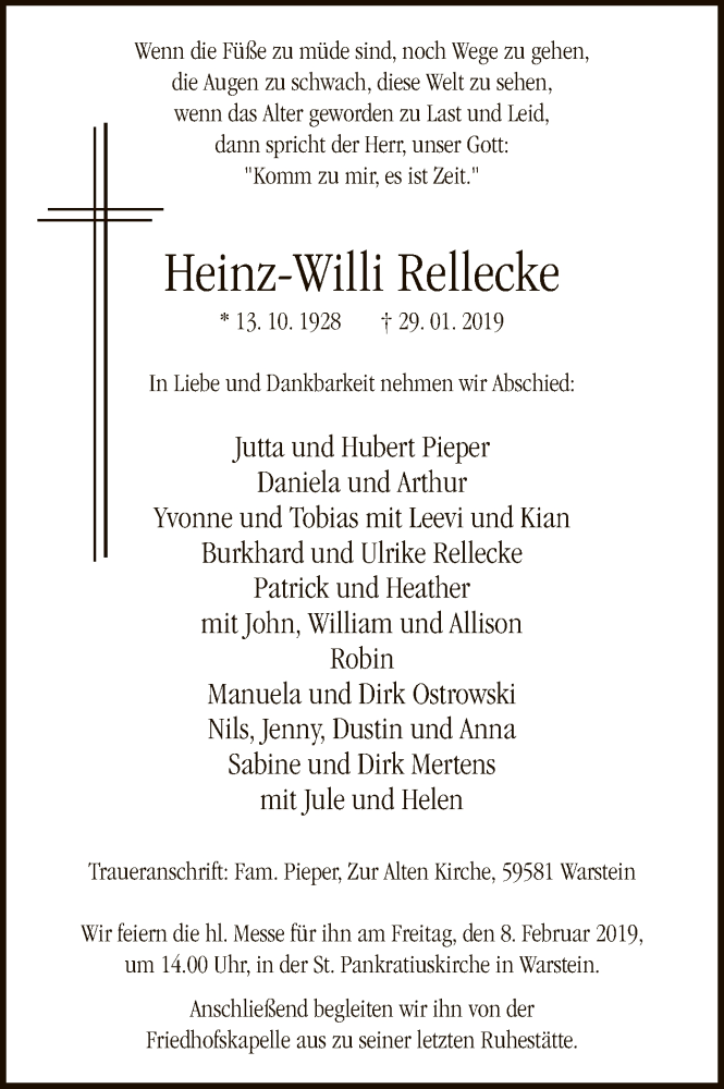  Traueranzeige für Heinz-Willi Rellecke vom 01.02.2019 aus MZV