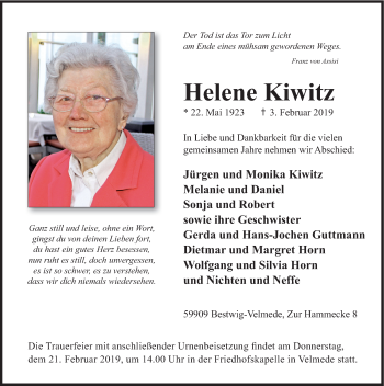 Traueranzeige von Helene Kiwitz von HSK