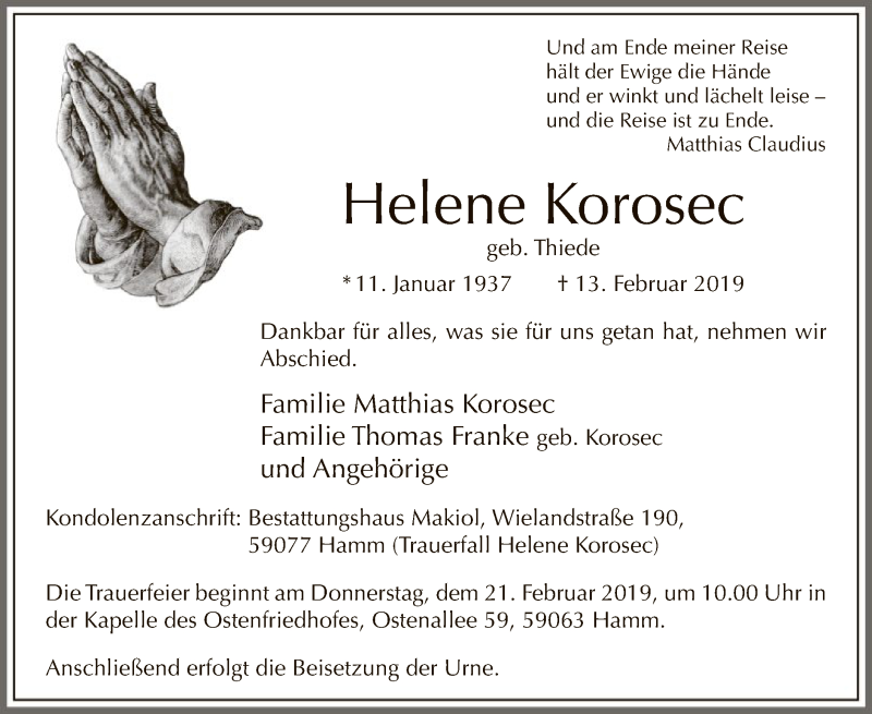  Traueranzeige für Helene Korosec vom 16.02.2019 aus MZV