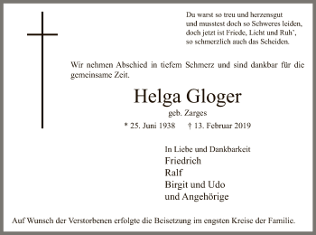 Traueranzeige von Helga Gloger von MZV