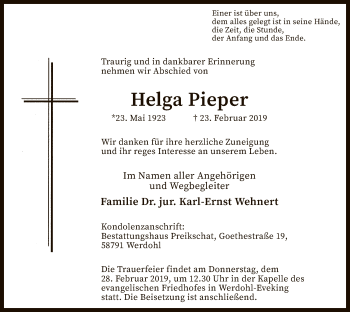 Traueranzeige von Helga Pieper von MZV