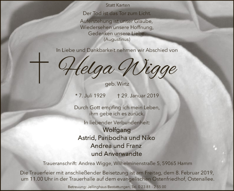  Traueranzeige für Helga Wigge vom 02.02.2019 aus MZV
