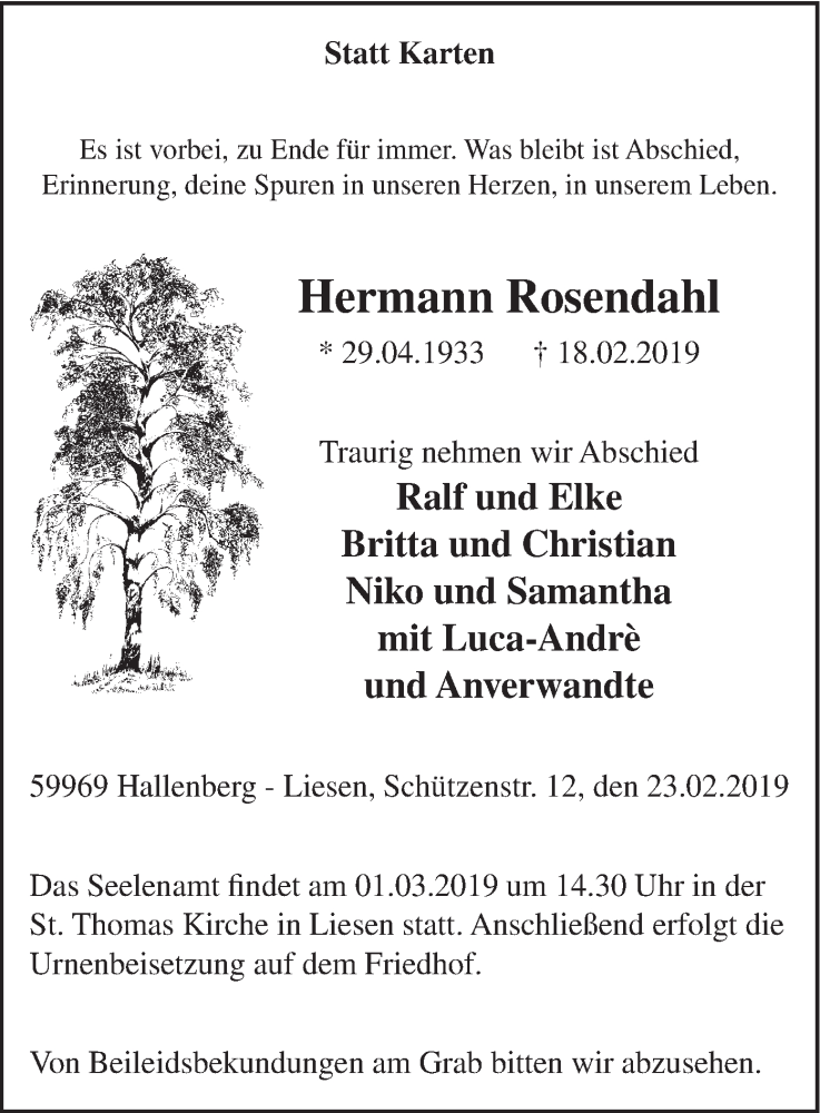  Traueranzeige für Hermann Rosendahl vom 23.02.2019 aus HSK