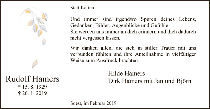  Traueranzeige für Hilde Hamers vom 23.02.2019 aus MZV