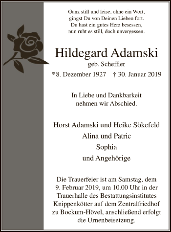 Traueranzeige von Hildegard Adamski von MZV