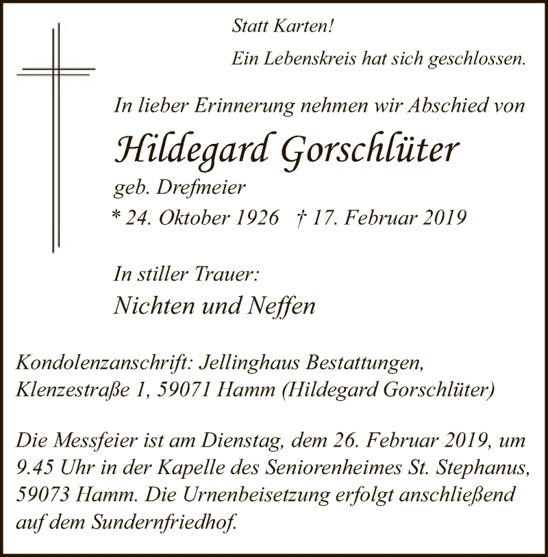  Traueranzeige für Hildegard Gorschlüter vom 23.02.2019 aus MZV
