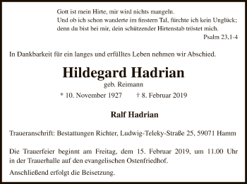 Traueranzeige von Hildegard Hadrian von MZV