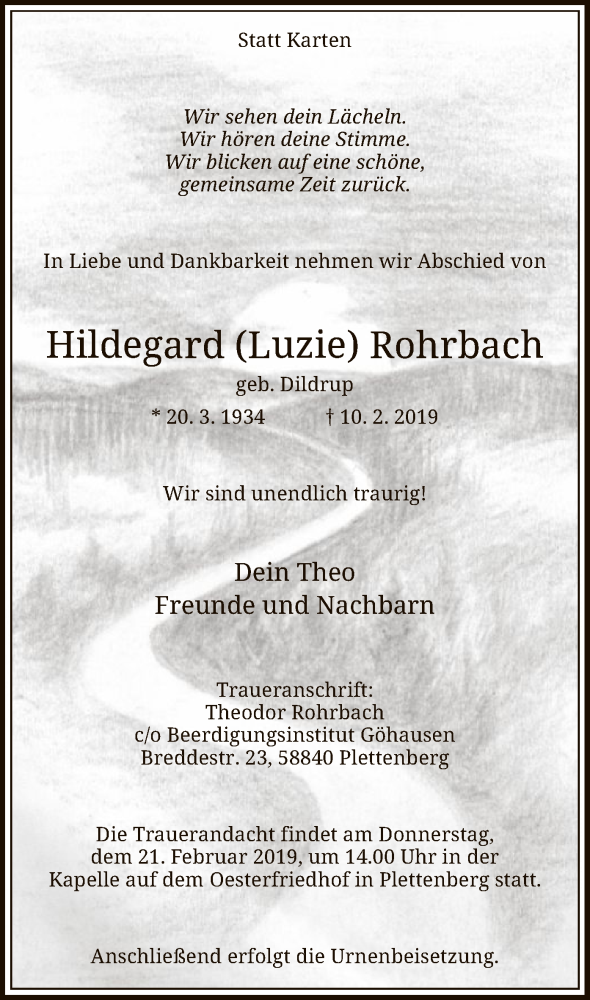  Traueranzeige für Hildegard Rohrbach vom 14.02.2019 aus MZV