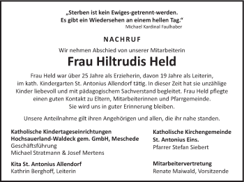 Traueranzeige von Hiltrudis Held von HSK