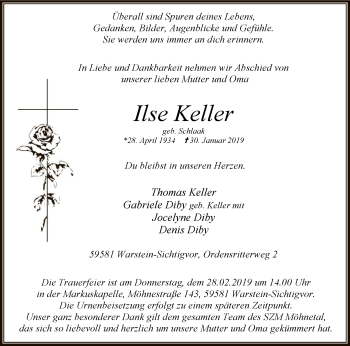 Traueranzeige von Ilse Keller von MZV
