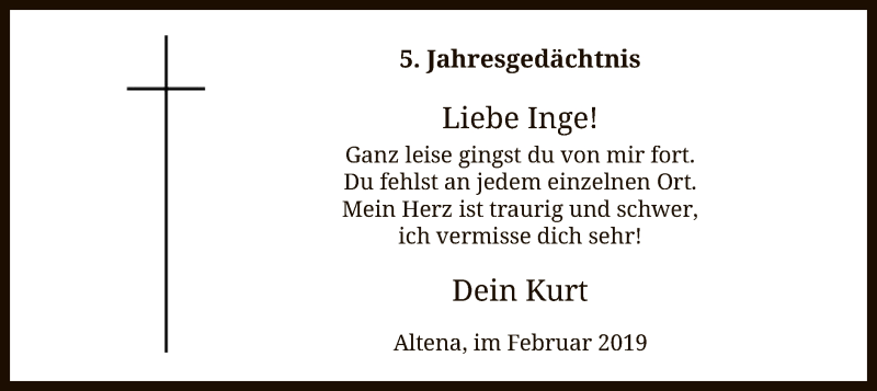  Traueranzeige für Inge  vom 08.02.2019 aus MZV