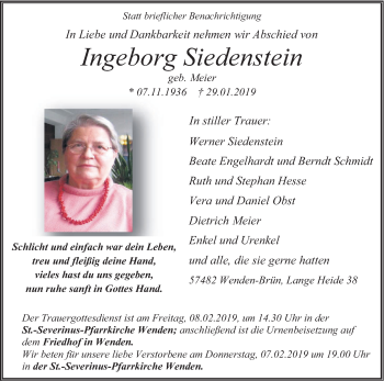 Traueranzeige von Ingeborg Siedenstein von HSK