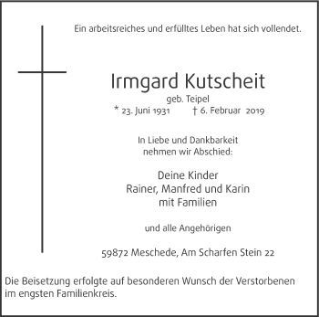 Traueranzeige von Irmgard Kutscheit von HSK