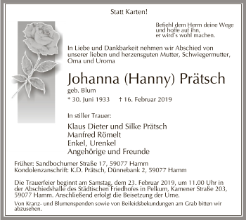 Traueranzeige von Johanna Hanny Prätsch von MZV