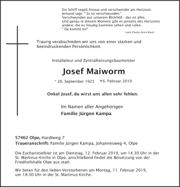 Traueranzeige von Josef Maiworm von HSK