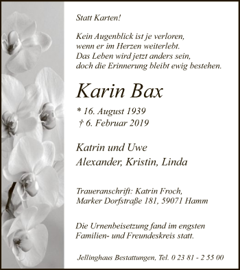 Traueranzeige von Karin Bax von MZV