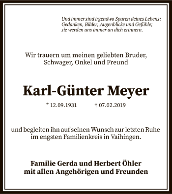 Traueranzeige von Karl-Günter Meyer von MZV