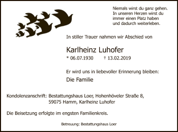 Traueranzeige von Karlheinz Luhofer von MZV