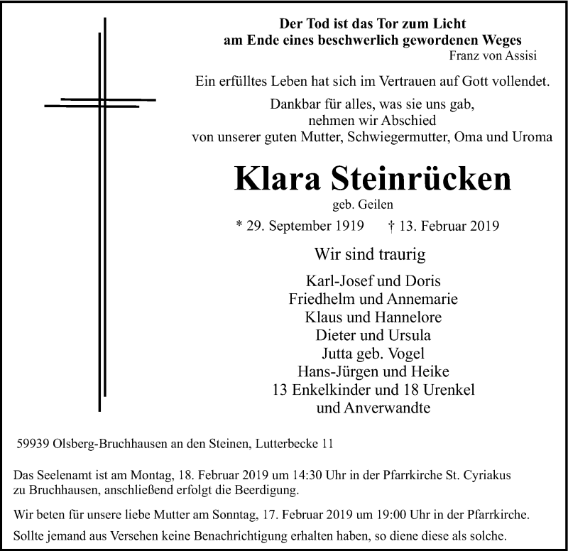  Traueranzeige für Klara Steinrücken vom 16.02.2019 aus HSK