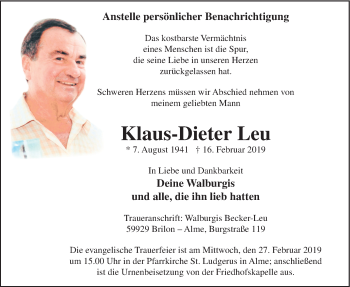 Traueranzeige von Klaus-Dieter Leu von HSK