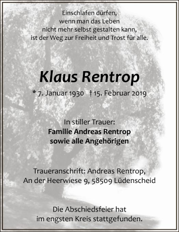 Traueranzeige von Klaus Rentrop von MZV