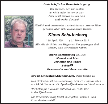 Traueranzeige von Klaus Schulenburg von HSK
