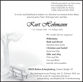 Traueranzeige von Kurt Hohmann von HSK