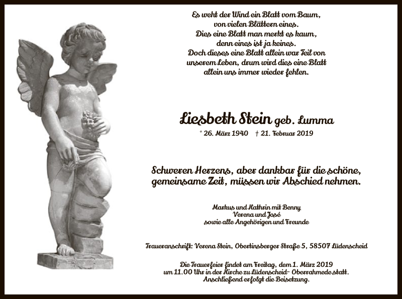  Traueranzeige für Liesbeth Stein vom 26.02.2019 aus MZV