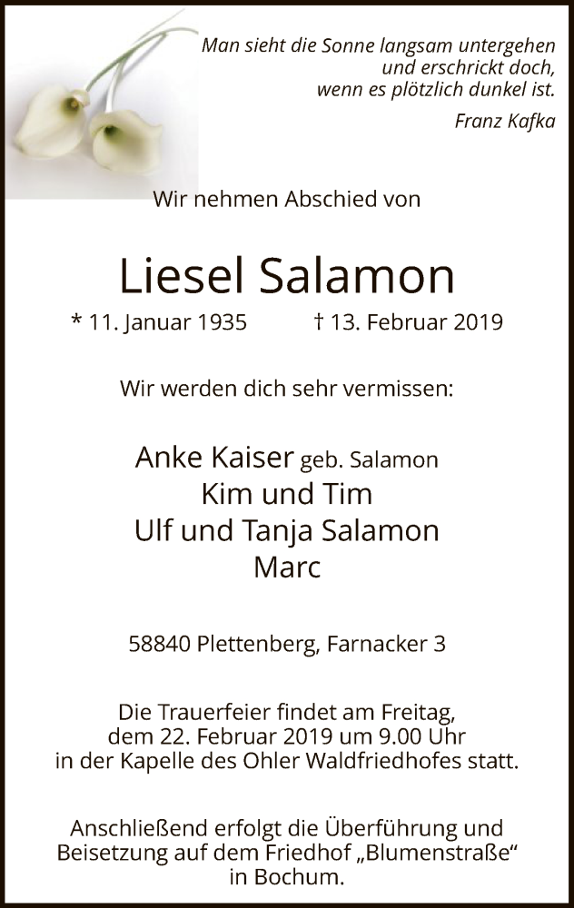  Traueranzeige für Liesel Salamon vom 16.02.2019 aus MZV
