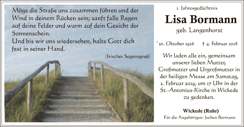  Traueranzeige für Lisa Bormann vom 02.02.2019 aus MZV