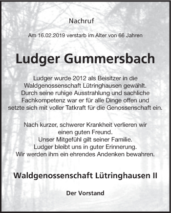Traueranzeige von Ludger Gummersbach von HSK