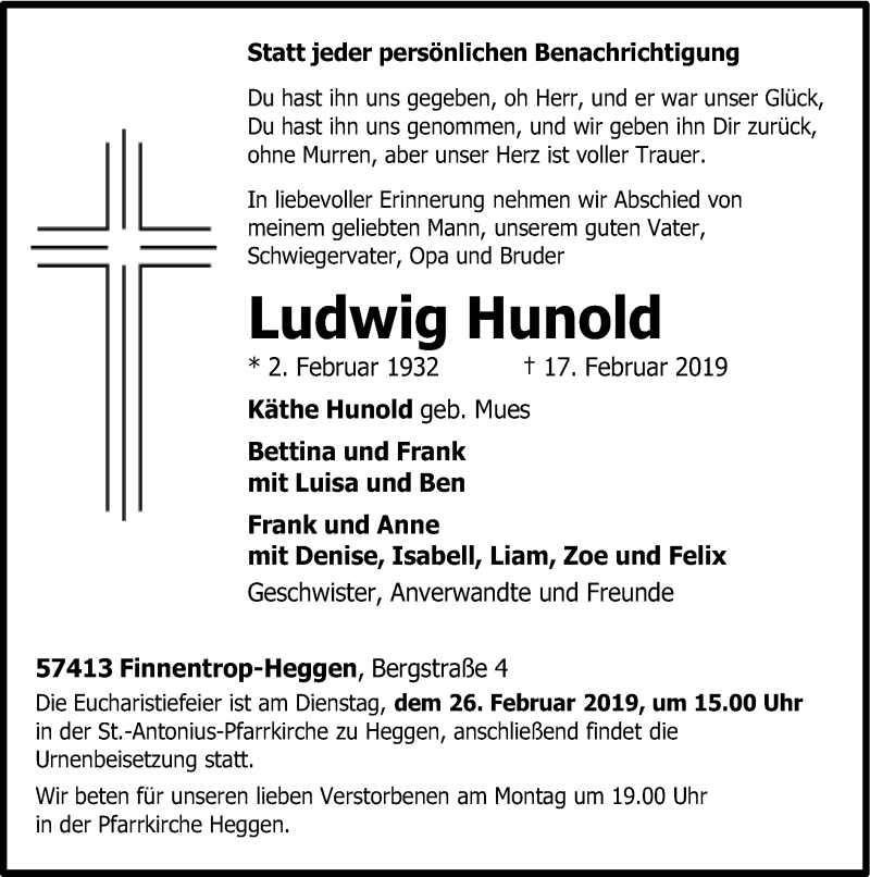  Traueranzeige für Ludwig Hunold vom 20.02.2019 aus HSK