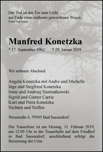 Traueranzeige von Manfred Konetzka von MZV