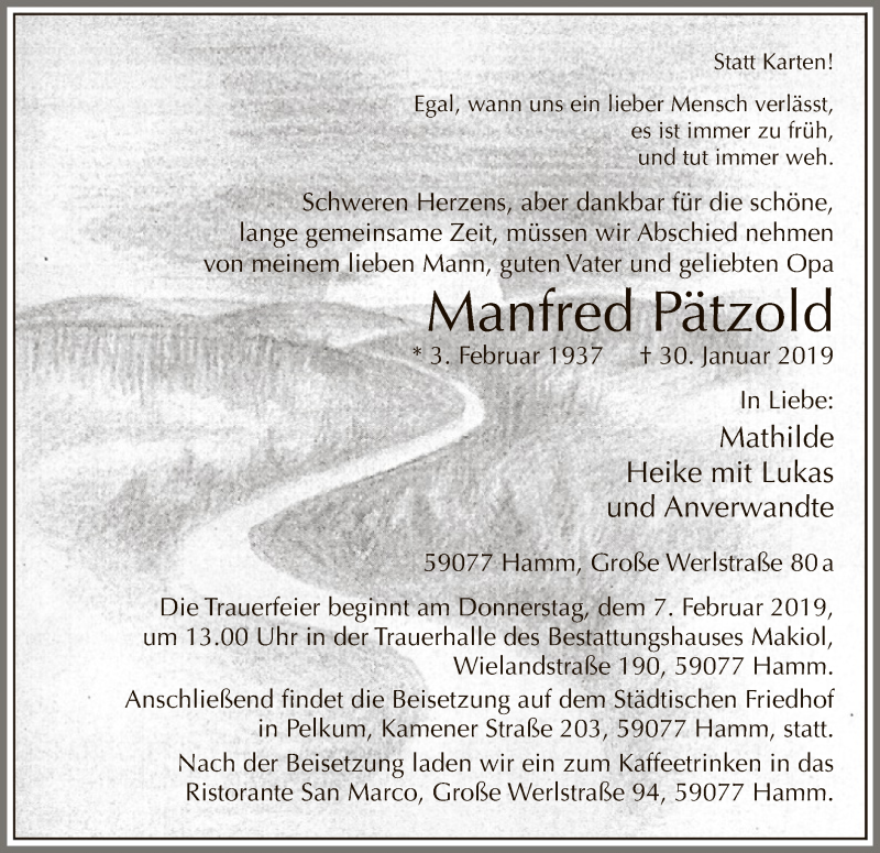  Traueranzeige für Manfred Pätzold vom 02.02.2019 aus MZV