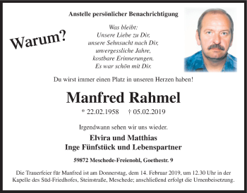 Traueranzeige von Manfred Rahmel von HSK