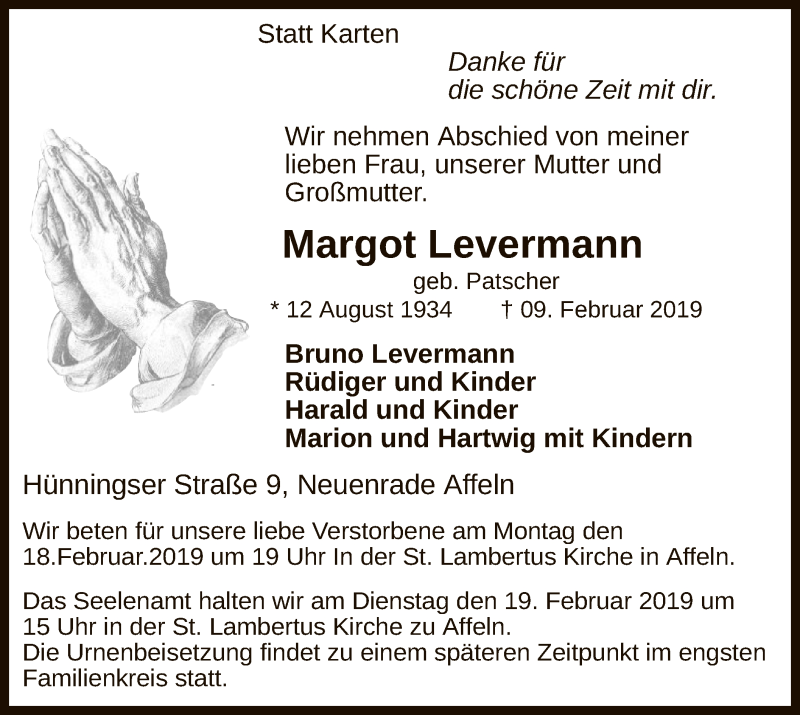  Traueranzeige für Margot Levermann vom 14.02.2019 aus MZV
