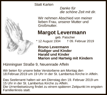 Traueranzeige von Margot Levermann von MZV