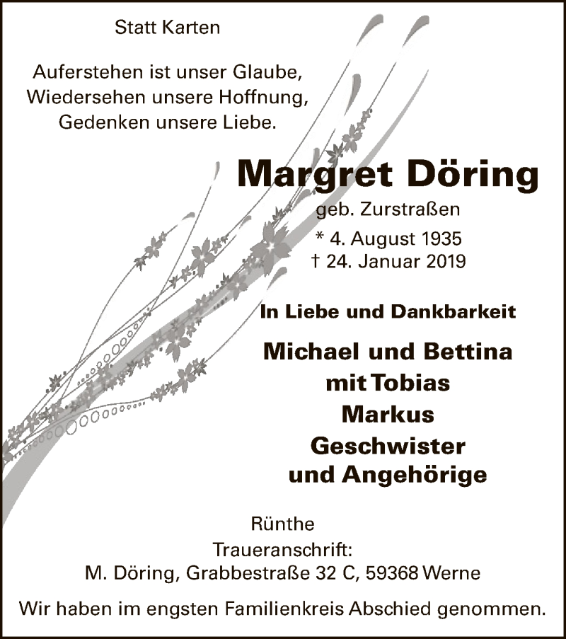  Traueranzeige für Margret Döring vom 02.02.2019 aus MZV